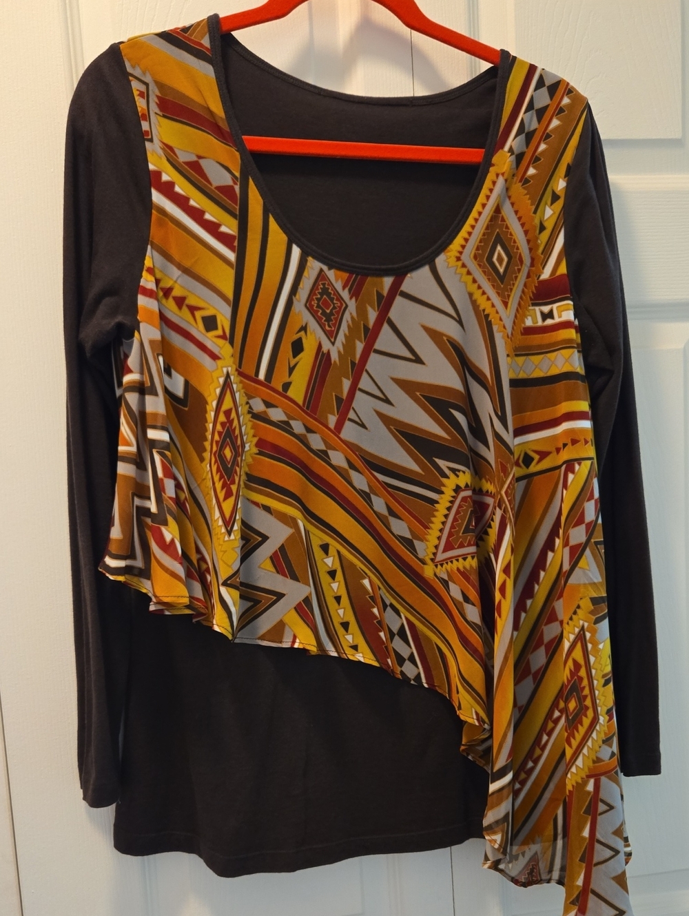 DG2 by Diane Gilman Brown Long-Sleeve Top with Mustard & Brown Geometric Overlay